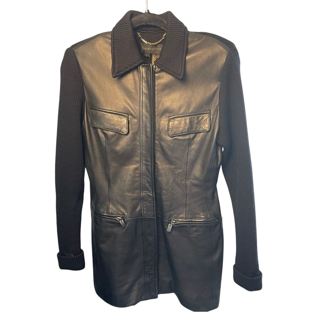 Nordstrom Classiques Entier Black Leather & Merino Wool Jacket, Minimalist, S - Picture 2 of 9